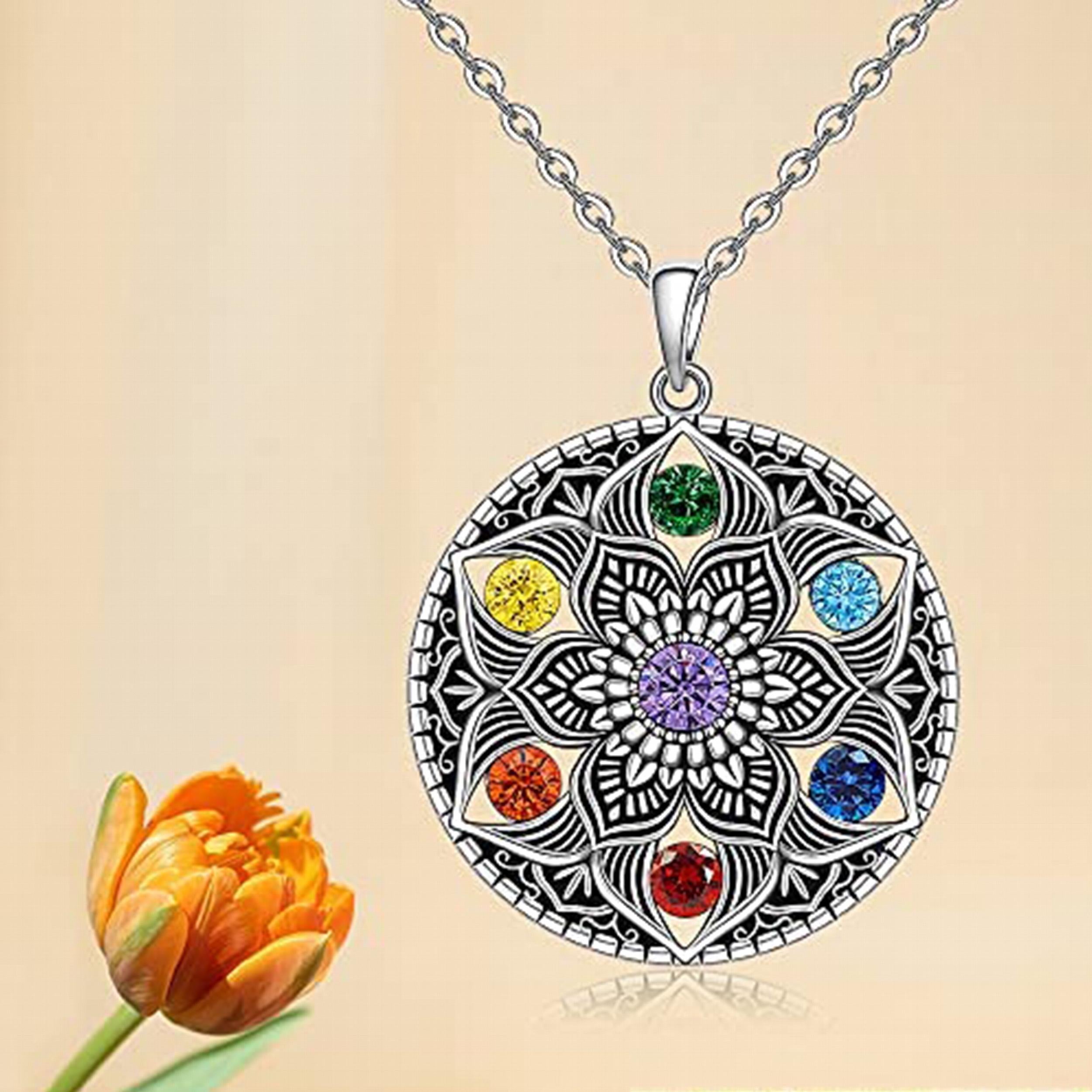 7 Chakra Necklace Ring Lotus Pendant Yoga Chakra Healing Stone Bar Necklace