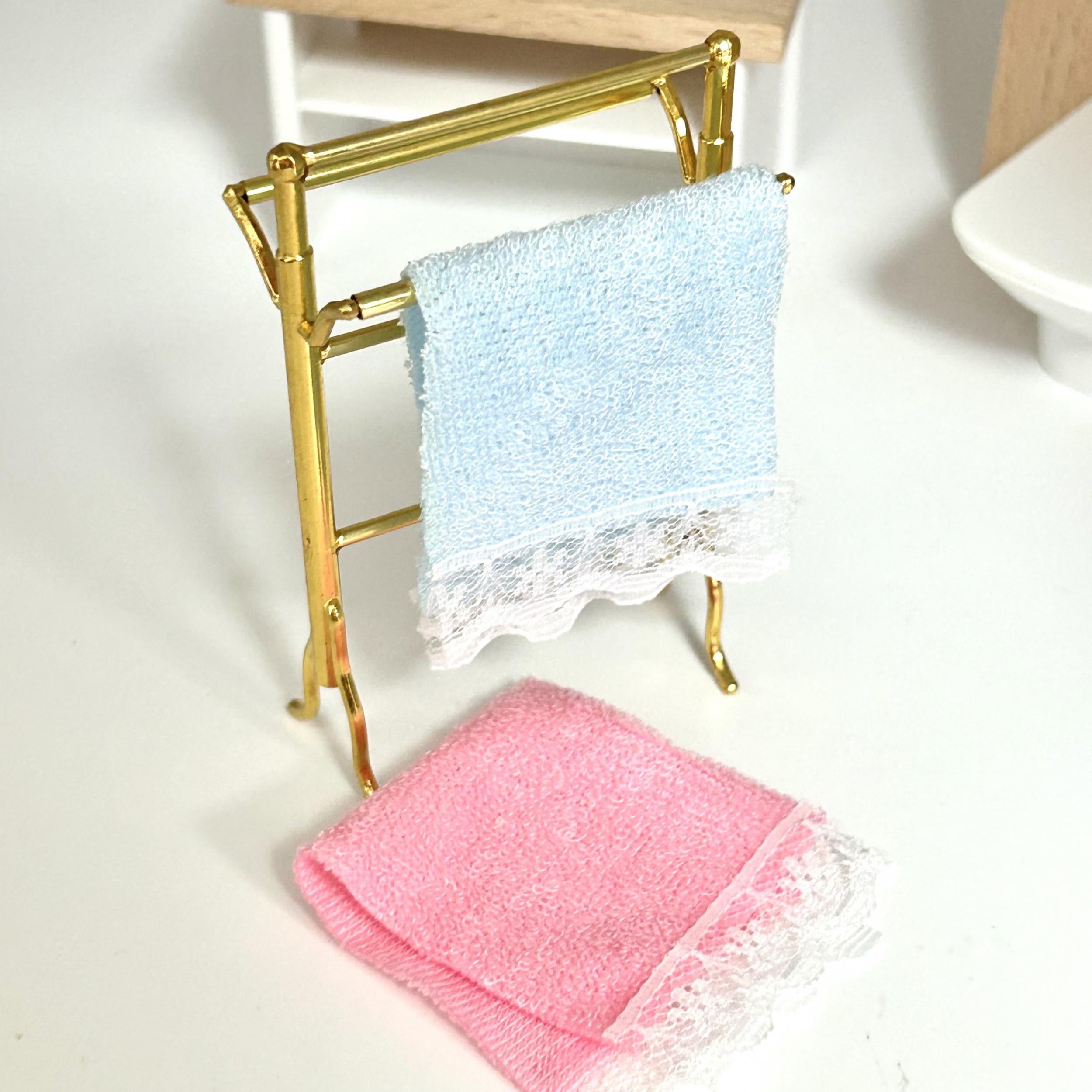 Dollhouse Golden Towel Rack Set with Pink Towels