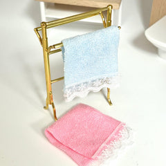 Dollhouse Golden Towel Rack Set with Pink Towels
