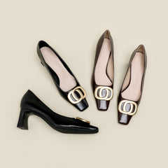 Women's Metal Buckle Chunky Heels Slip On Pumps