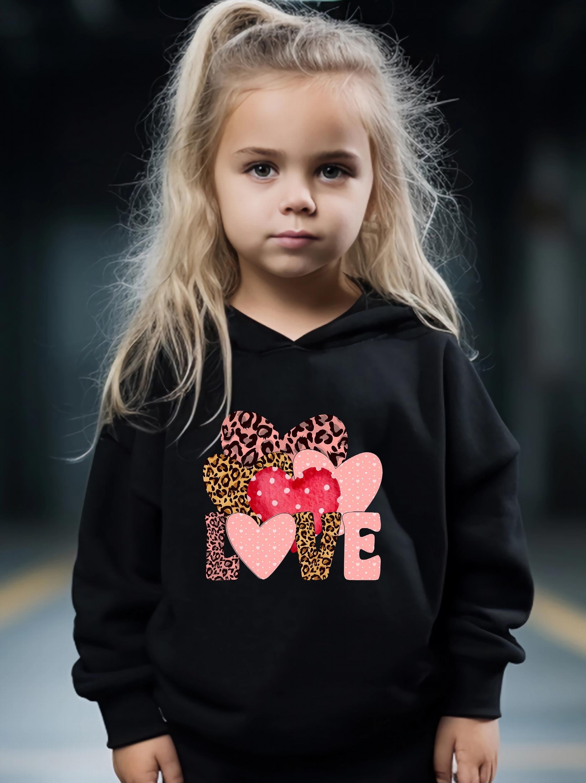 Love Pattern Long Sleeve Hooded Sweatshirt Girls Comfy Hoodies