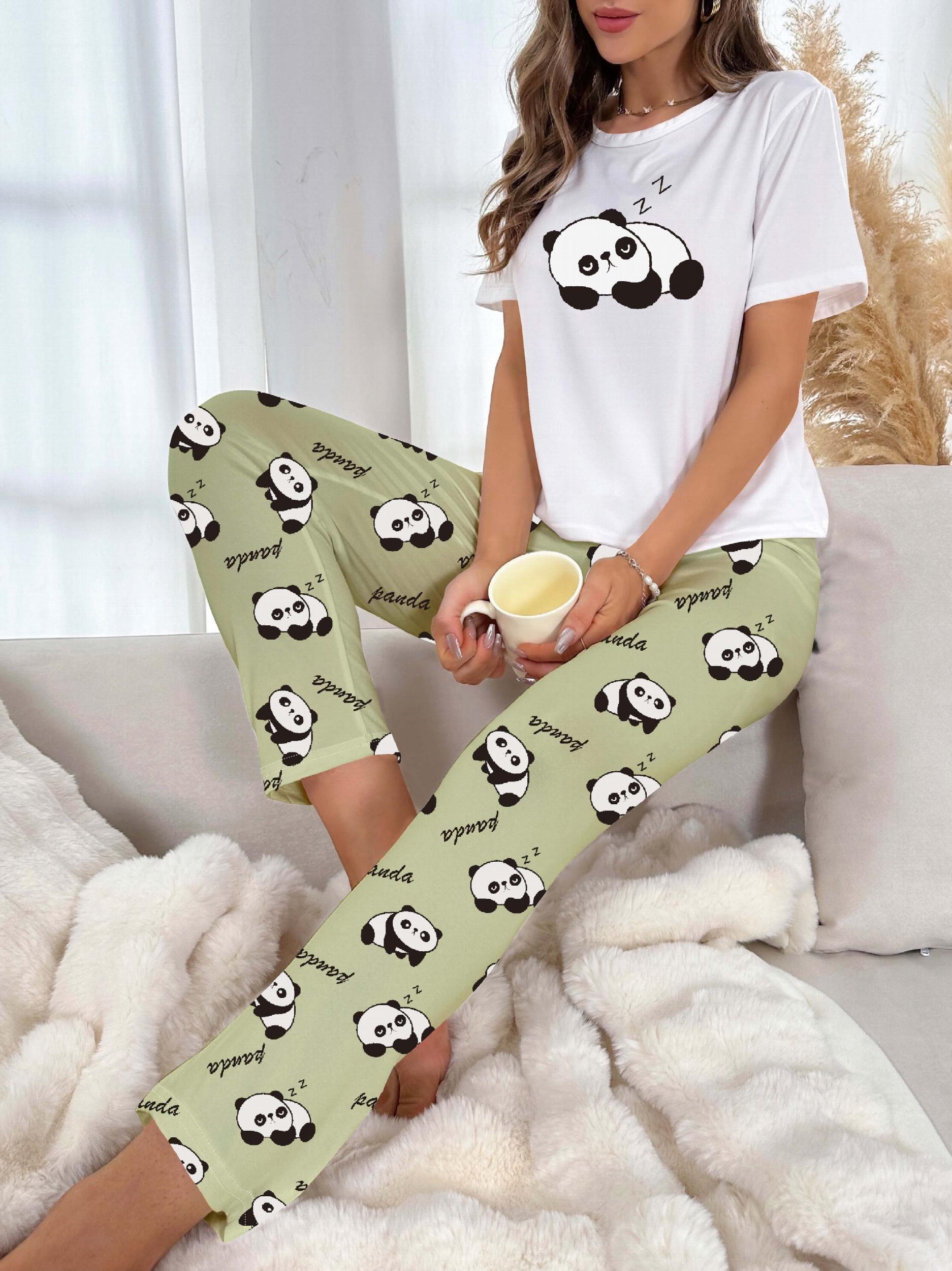 Cartoon Print Pajama Set & Crew Neck Top & Lounge Pants Women's Sleepwear