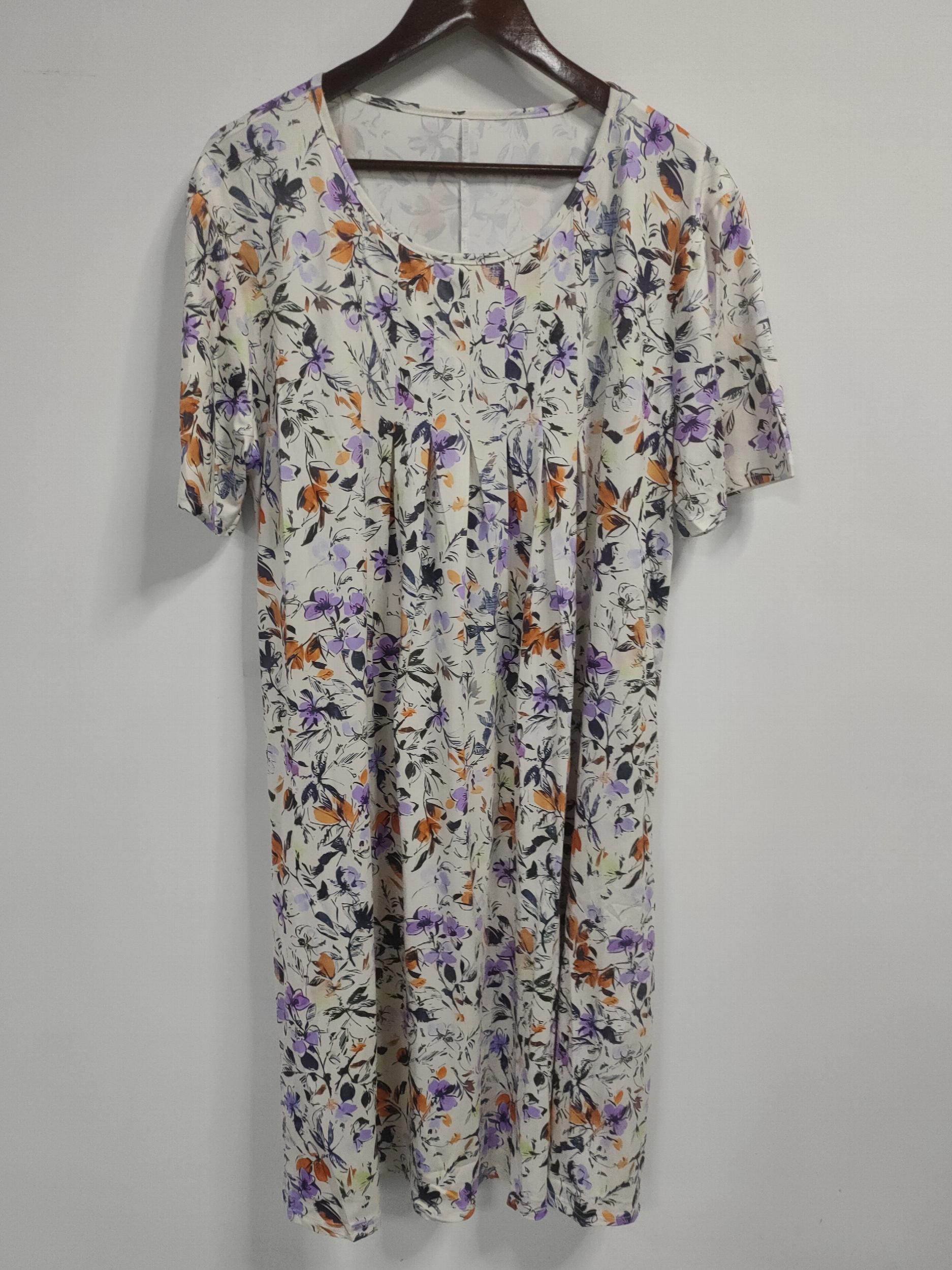  Floral Print Pleated Short Sleeve Dress