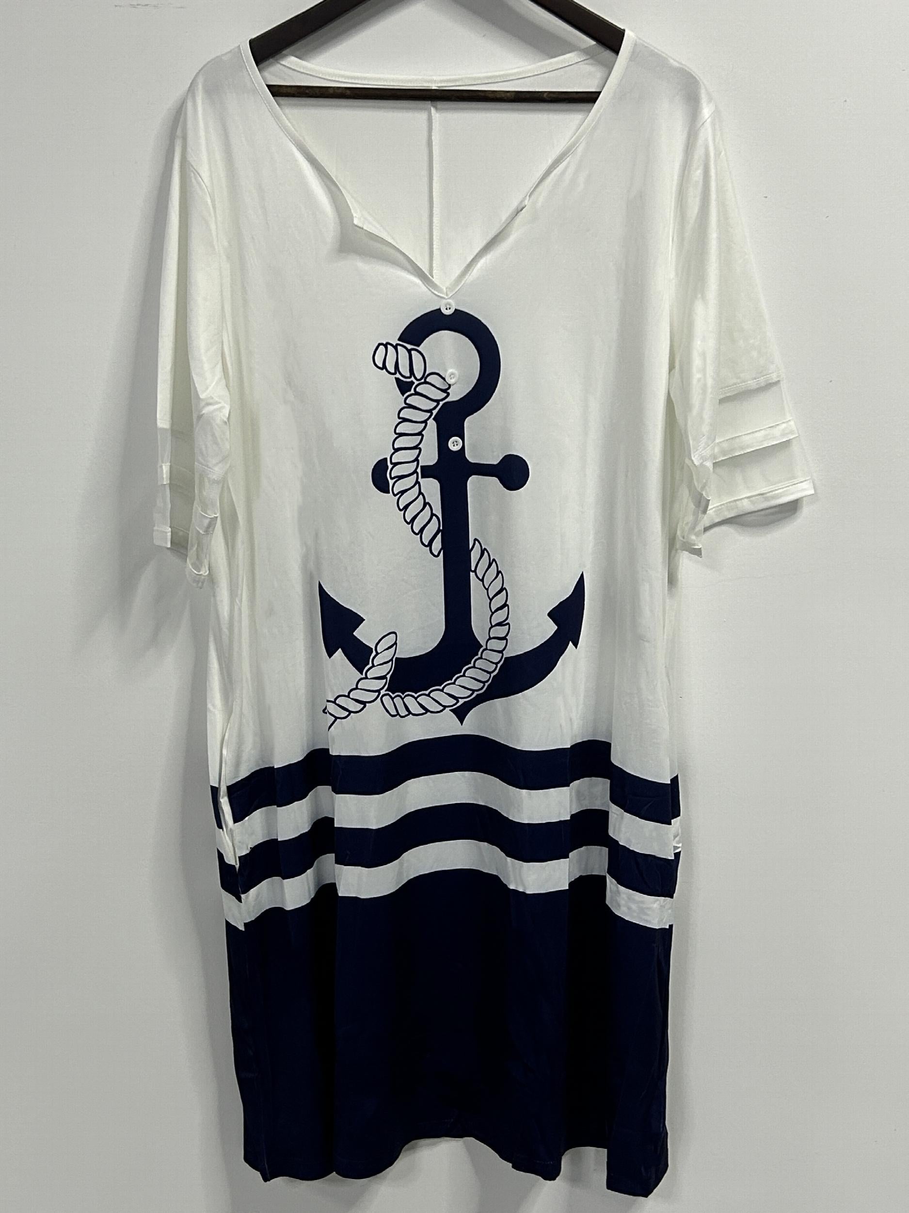  Casual Dress Colorblock Stripe & Anchor Print Mesh Sleeve Pockets
