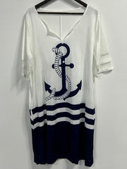  Casual Dress Colorblock Stripe & Anchor Print Mesh Sleeve Pockets