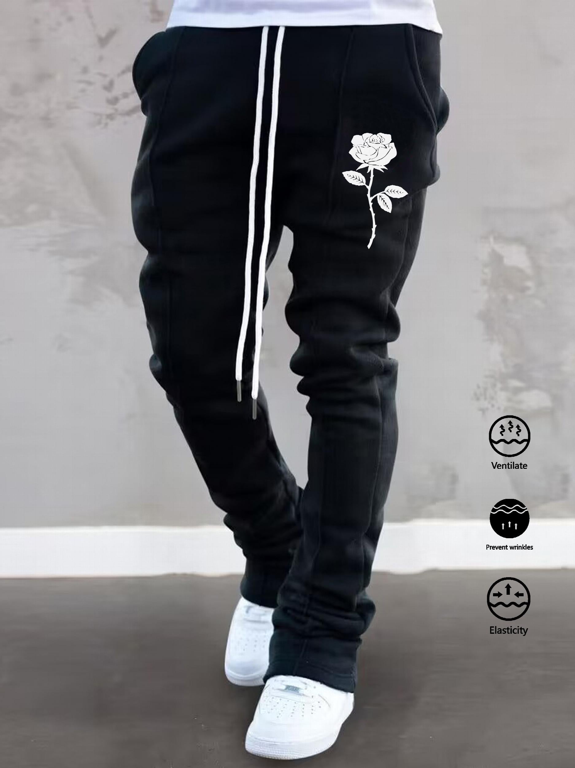 Rose Pattern Bell Bottom Pants Men's Stretch Hip Hop Jogger