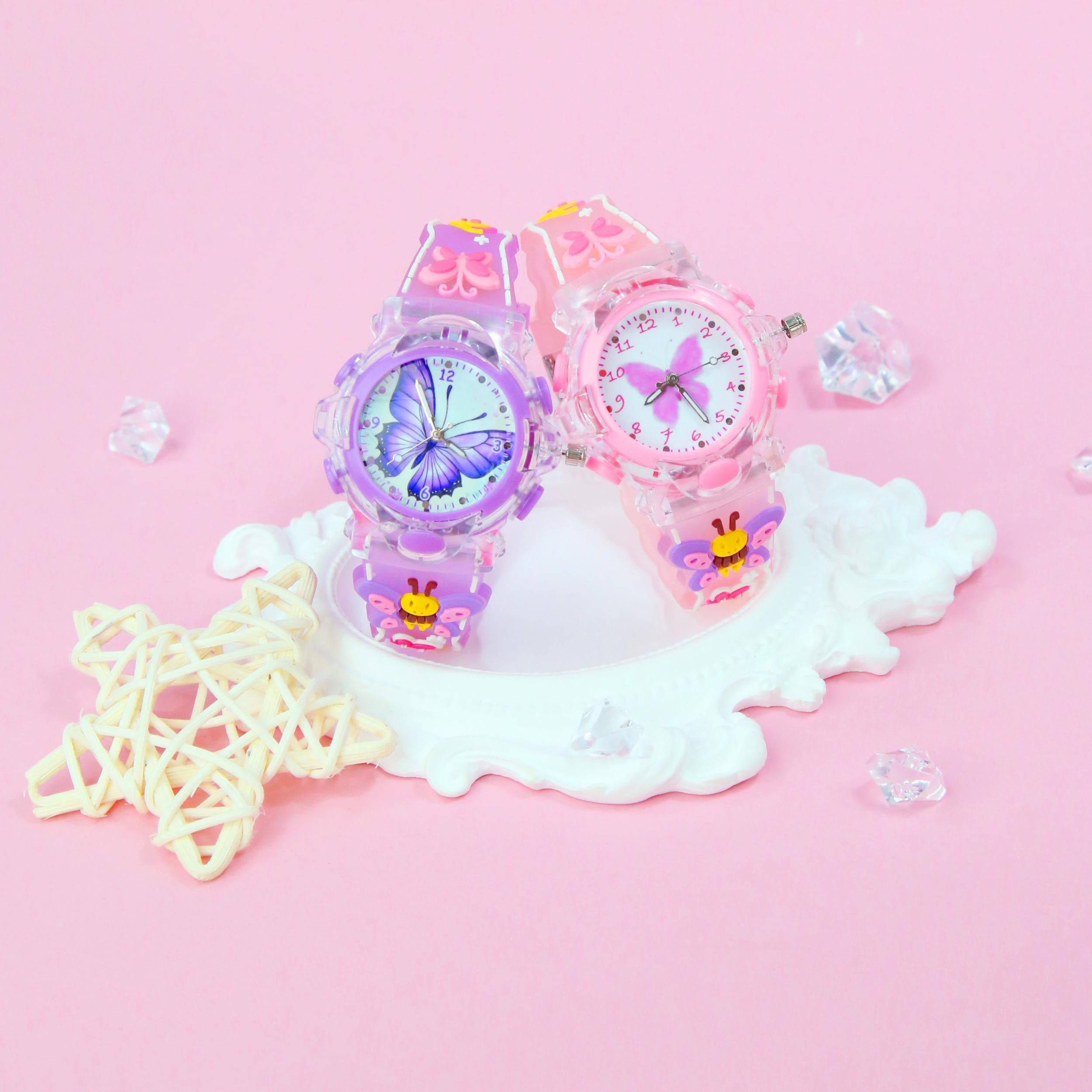 Butterfly Quartz Watch Glowing Hands Soft Silicone Strap Pink Dial Charms