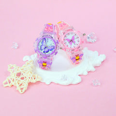 Butterfly Quartz Watch Glowing Hands Soft Silicone Strap Pink Dial Charms