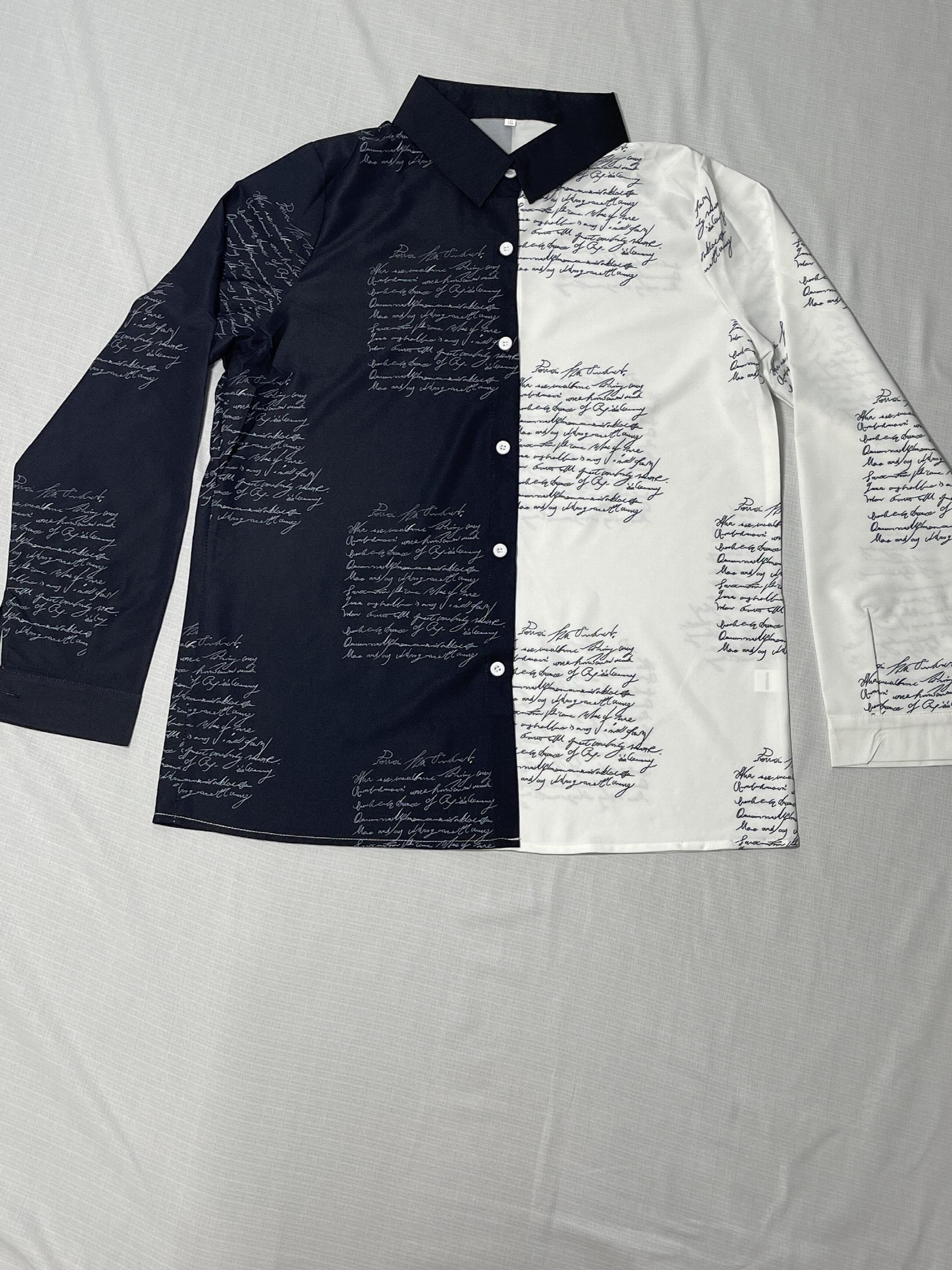  Colorblock Letter Print Long Sleeve Blouse