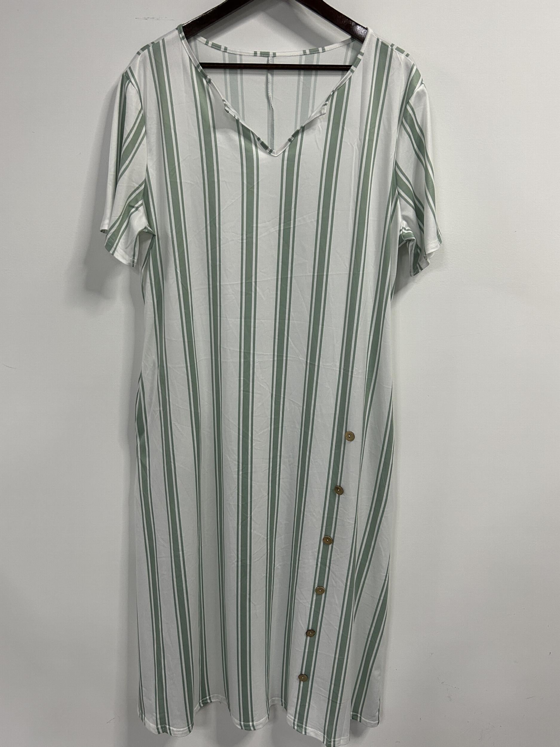  Stripe Print Button Decor Short Sleeve Dress