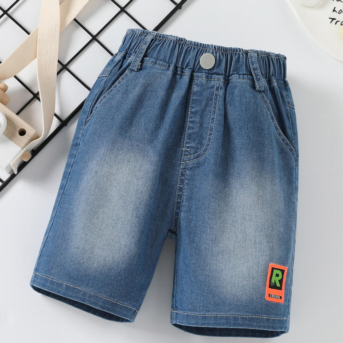 Boys Stylish Letter Print Denim Shorts Elastic Waist Stretch Denim Shorts