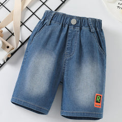 Boys Stylish Letter Print Denim Shorts Elastic Waist Stretch Denim Shorts