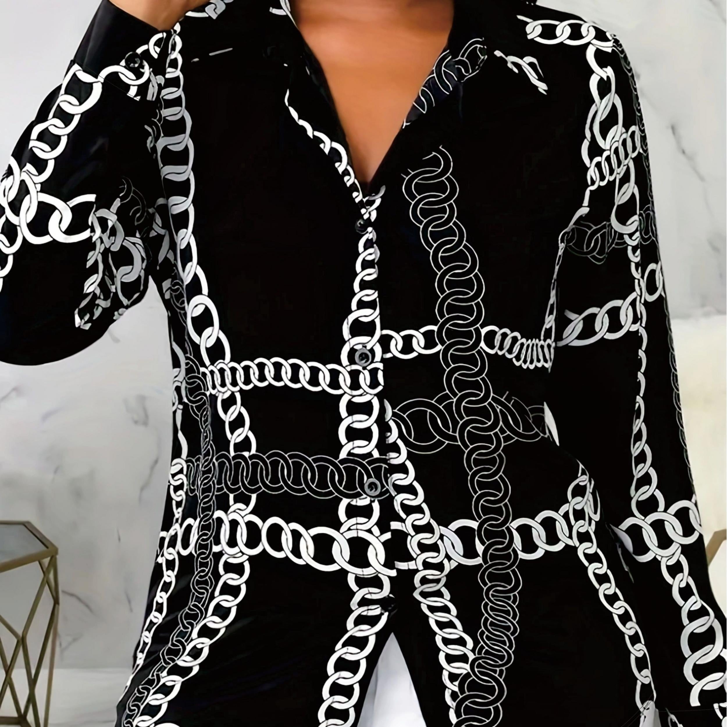  Chain Print Button Up Long Sleeve Blouse