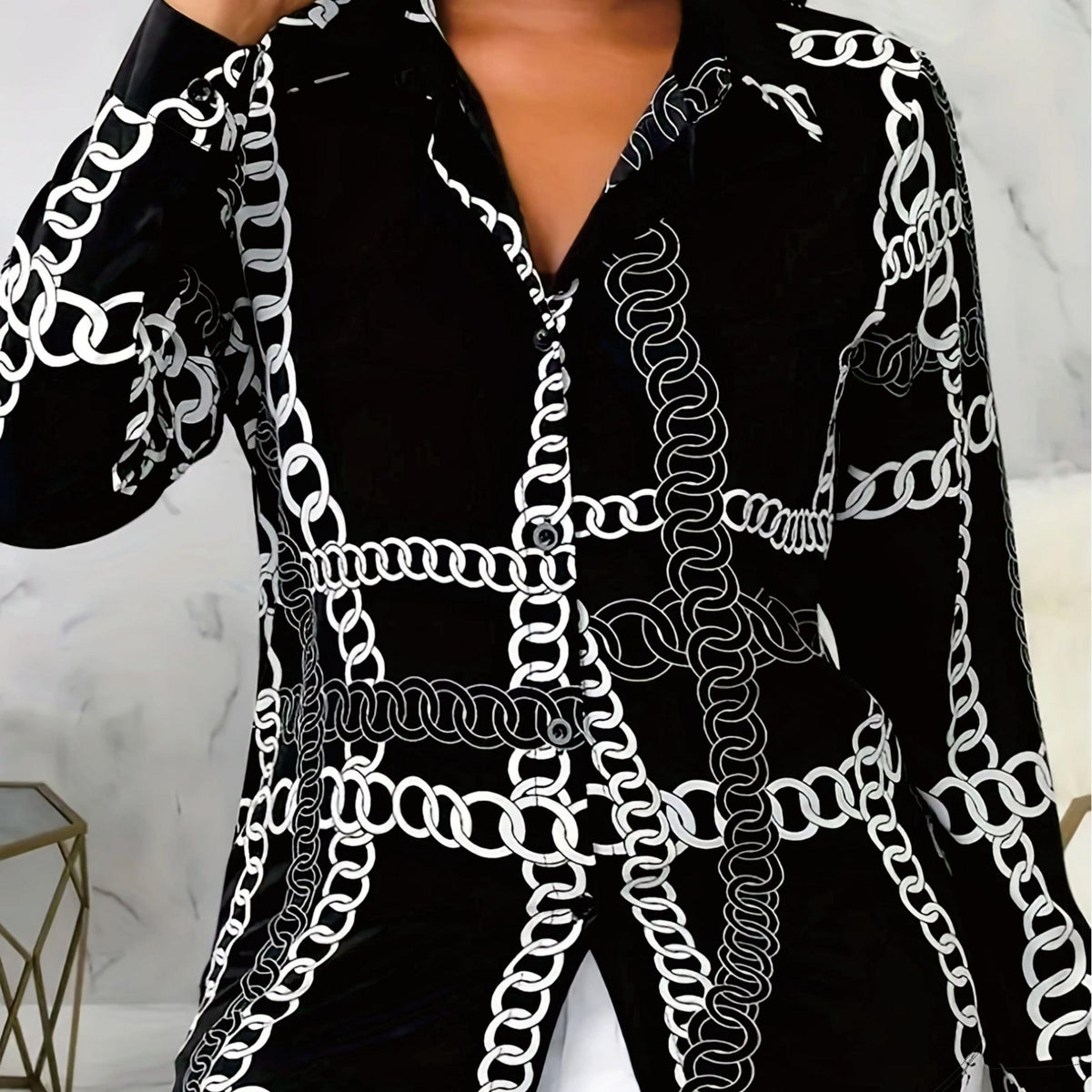  Chain Print Button Up Long Sleeve Blouse
