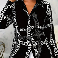  Chain Print Button Up Long Sleeve Blouse