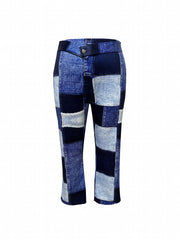  Colorblock Denim Print Button Detail Wide Leg Trousers