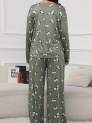  Floral Print Pajama Set Long Sleeve Tee & Pants Lounge 2 Piece