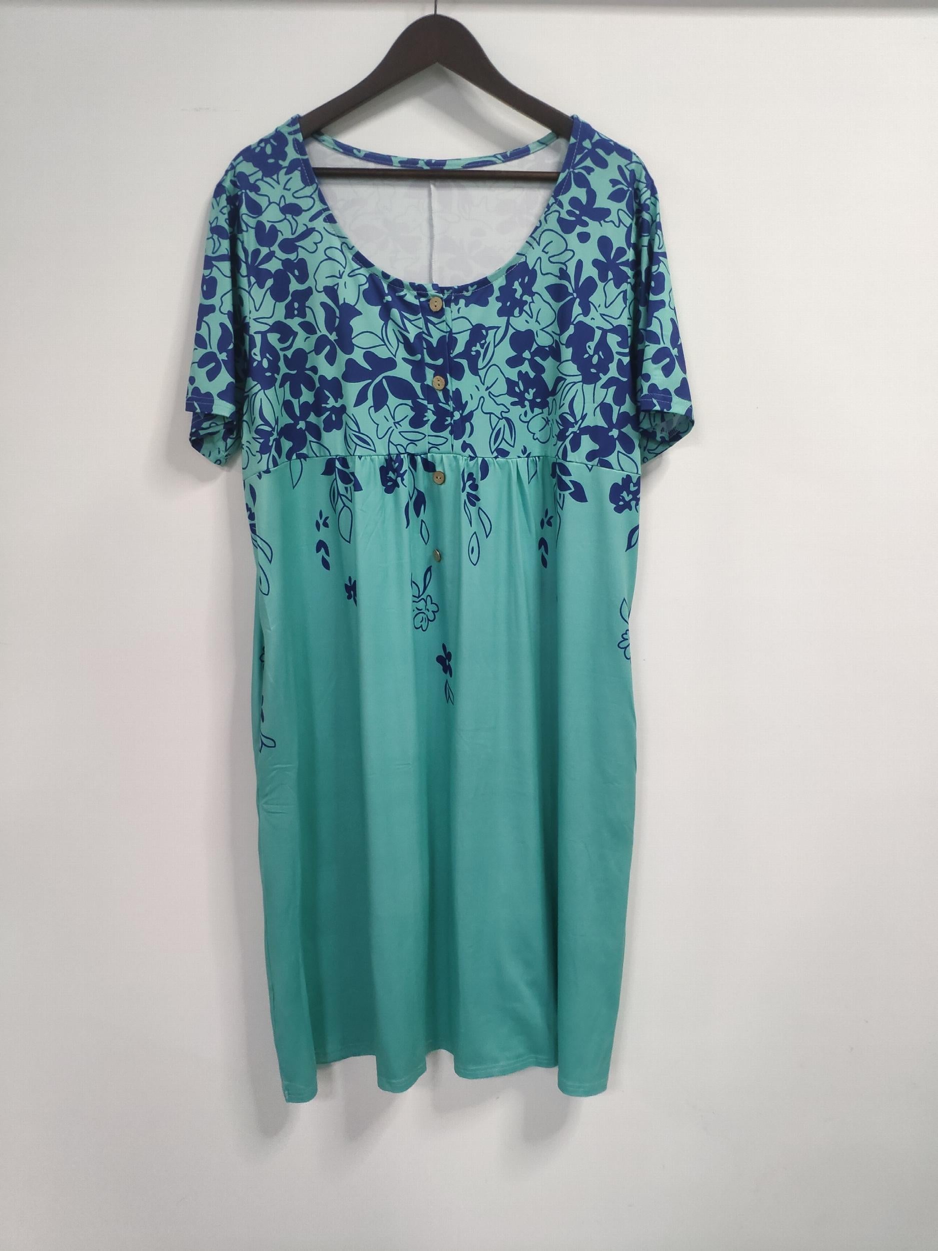  Floral Print Button Up Short Sleeve Dress With Pockets
