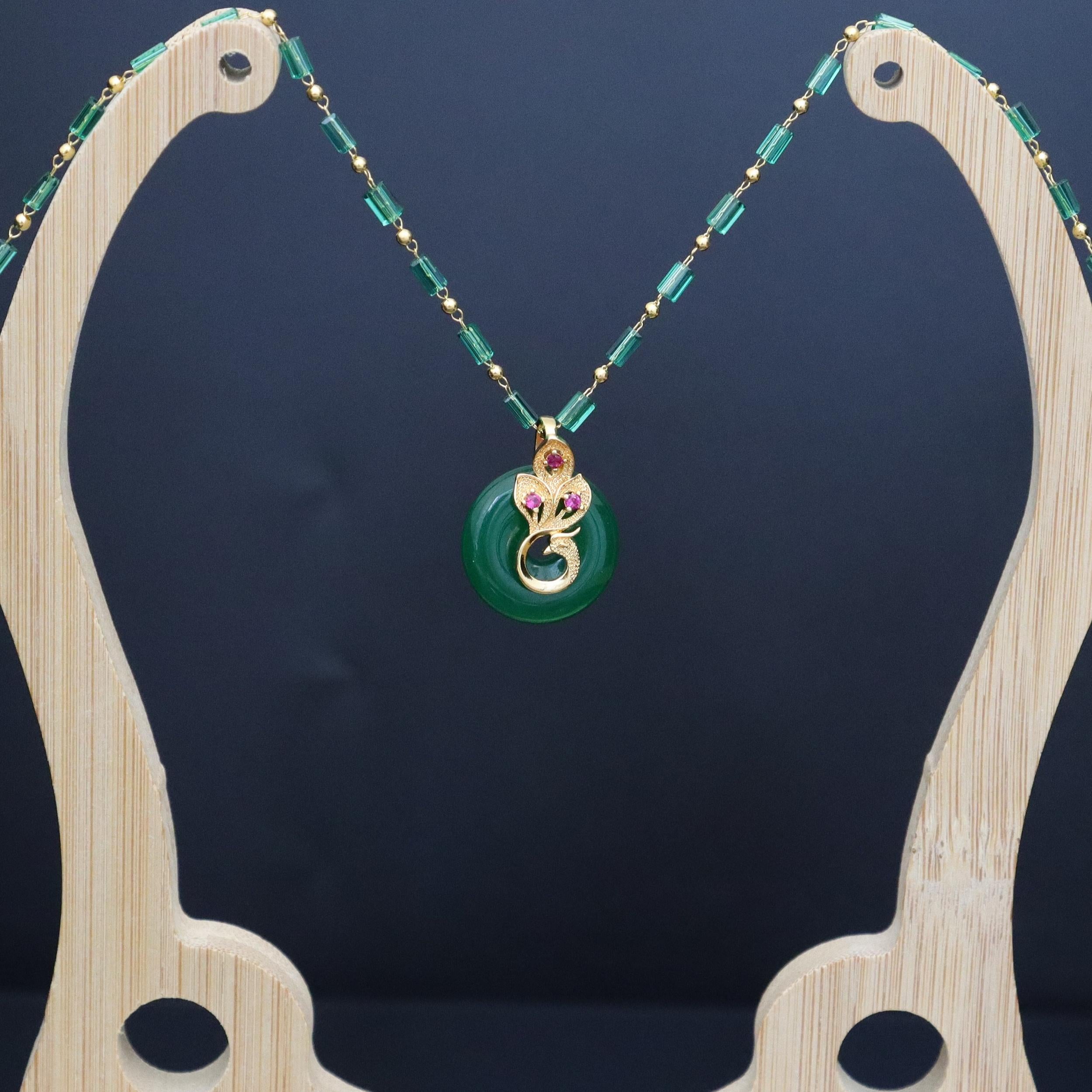 Handcrafted Simulated Jade Peacock Pendant Necklace - Good Luck Gift