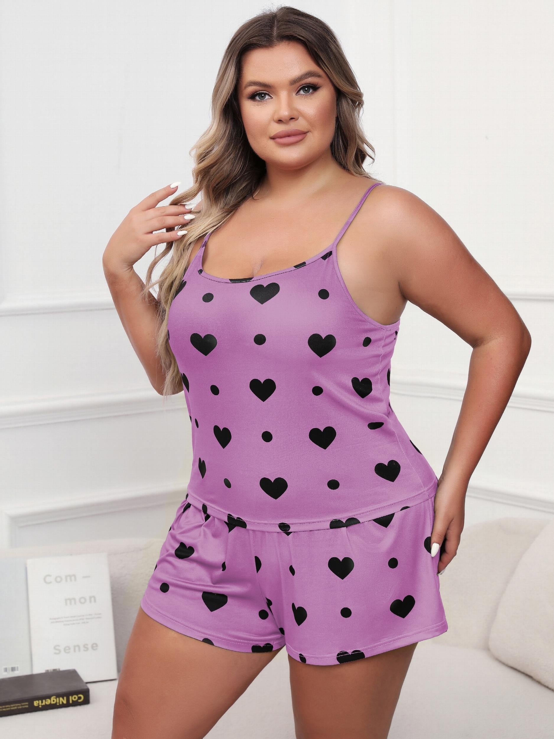  Heart & Dot Print Pajama Set Women's Cami Top & Shorts Two Piece