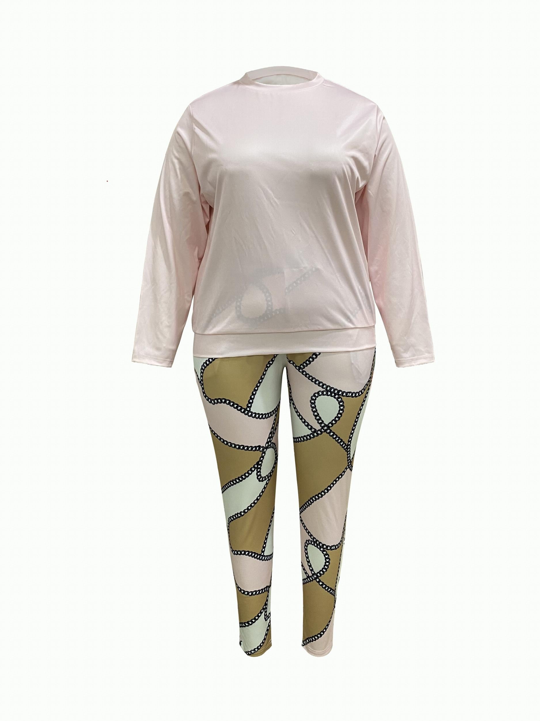  Casual 2PC Set - Solid Top & Chain Print Leggings