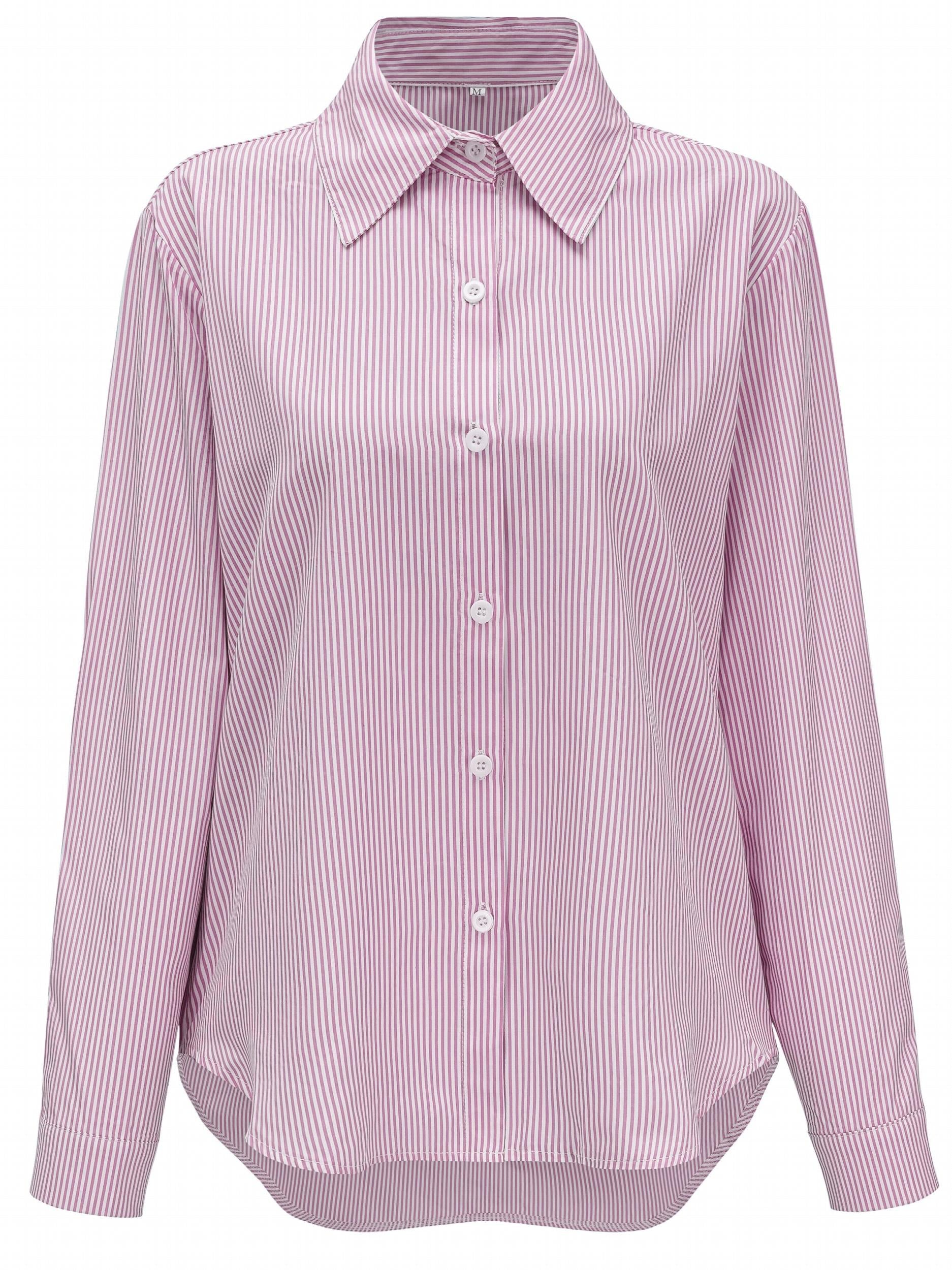  Stripe Print Button Up Roll Up Sleeve Blouse