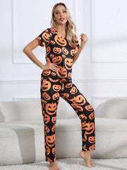  Halloween Pajama Set Women's Pumpkin Print Tee & Pants Lounge Set