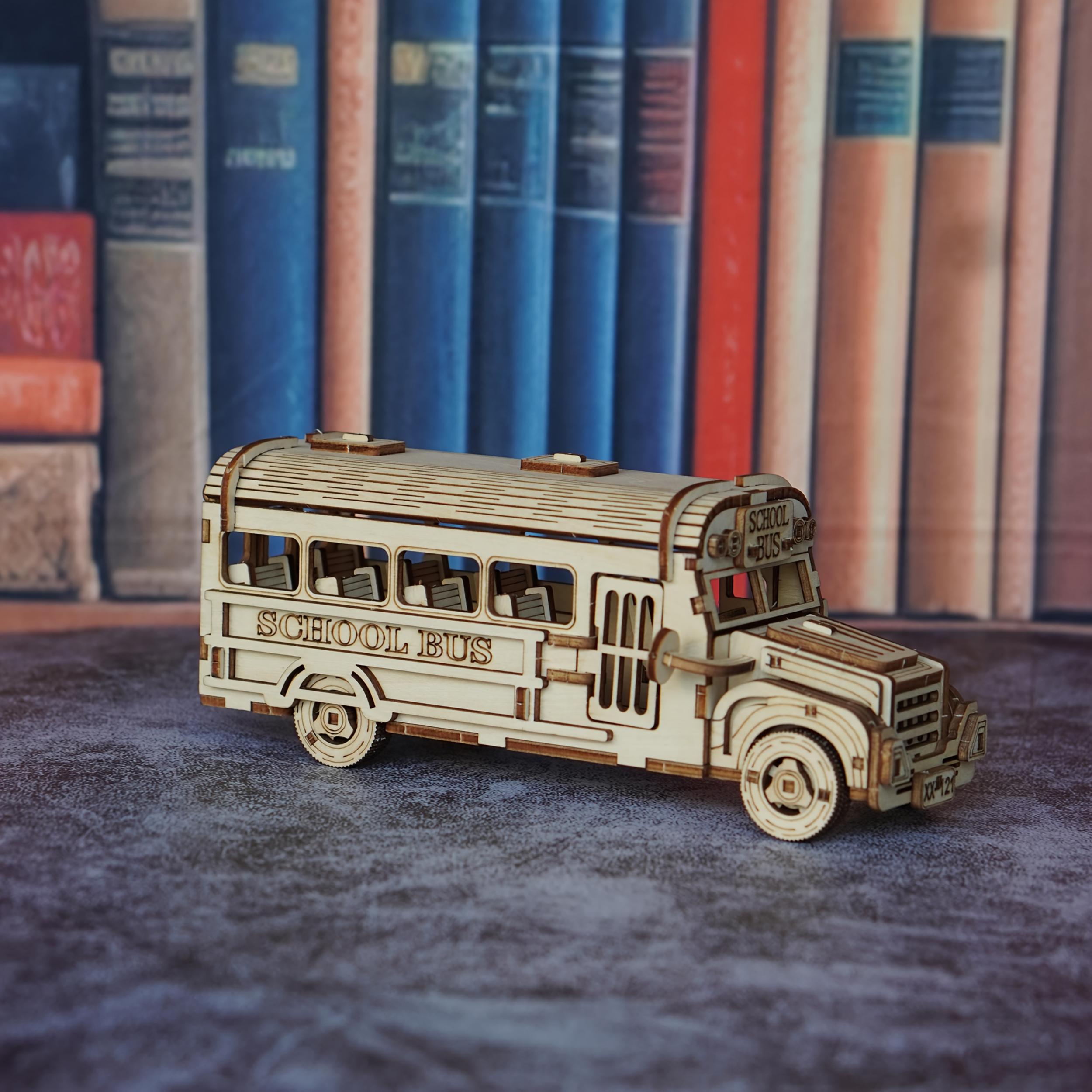 3D Wooden Puzzle School Bus Model American Style Toy Bus DIY Car Model