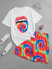  Lip Print T-shirt & Short Pants Set Women's Casual Stretch 2 Pcs Set