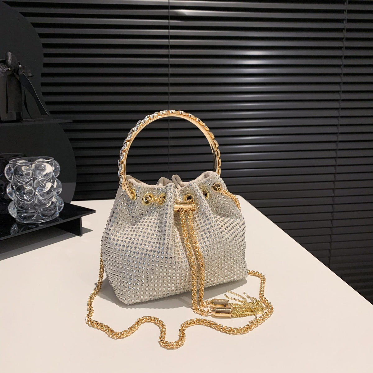 Rhinestone Bucket Bag Top Ring Clutch Purse Drawstring Crossbody Bag
