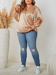  Surplice Neck Satin Blouse Ruched Sleeve Top