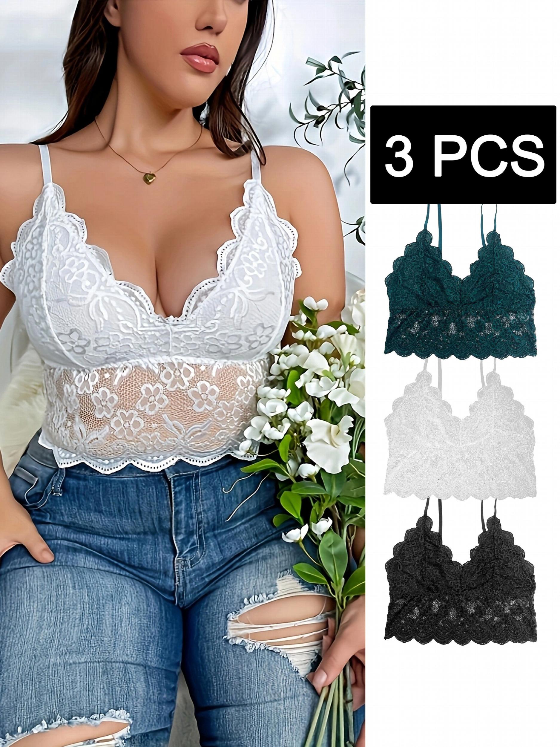 3 Pack Plus Size Bra Set Floral Lace V Neck Bralette