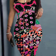  Casual Dress Women's Plus Print Round Neck Midi