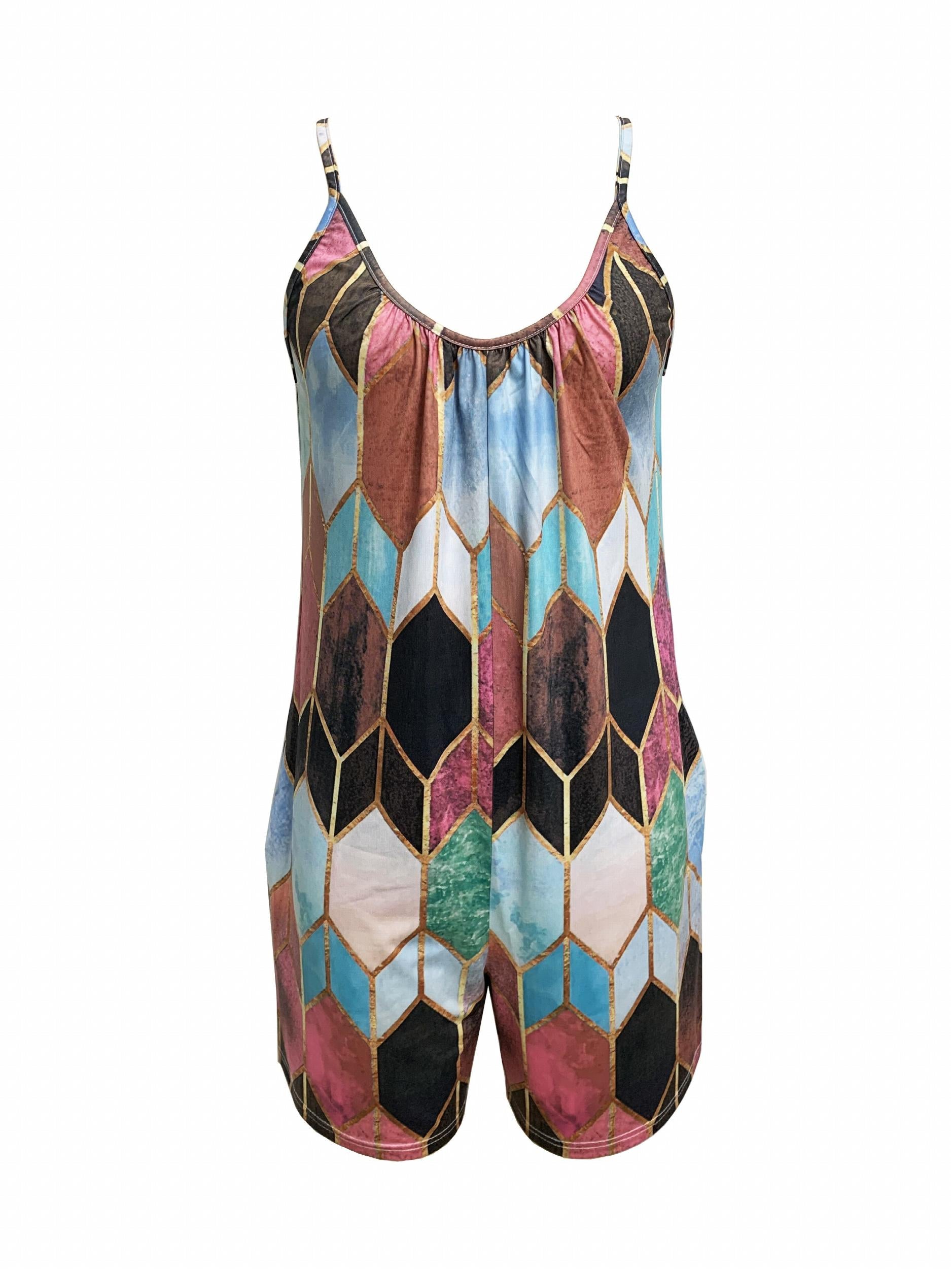Geometric Print Spaghetti Romper Jumpsuit Sleeveless