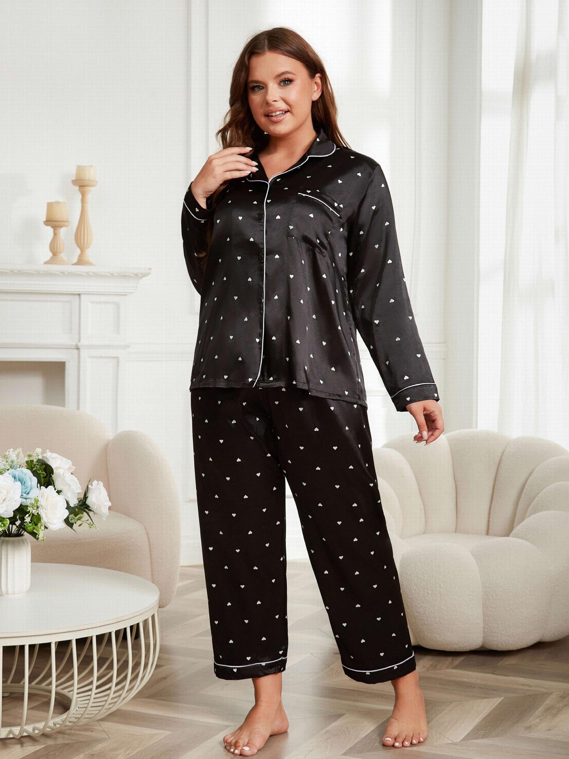  Satin Heart Print Pajama Set Shirt & Pants Lounge Two Piece