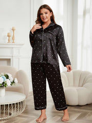  Satin Heart Print Pajama Set Shirt & Pants Lounge Two Piece