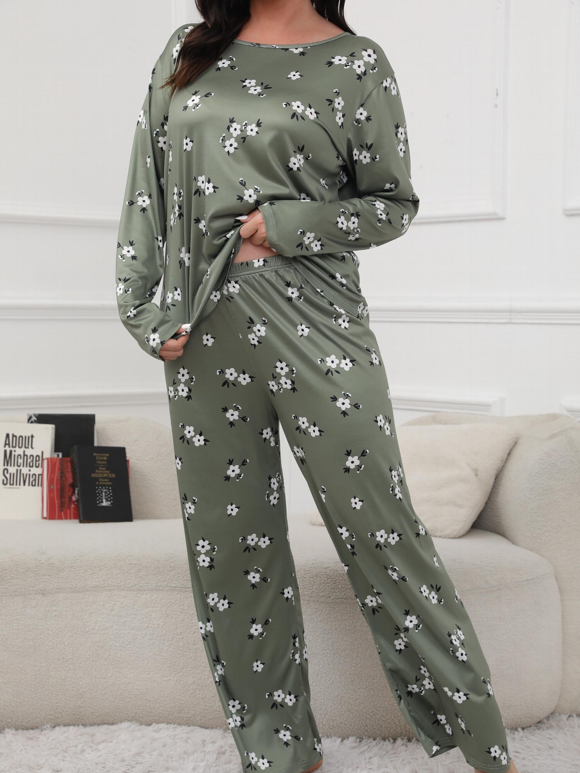  Floral Print Pajama Set Long Sleeve Tee & Pants Lounge 2 Piece