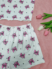 Bow Print Pajama Set Crew Neck Cami Top & Shorts Sleepwear Loungewear