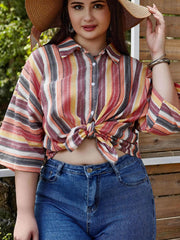  Stripe Print Bat Sleeve Blouse
