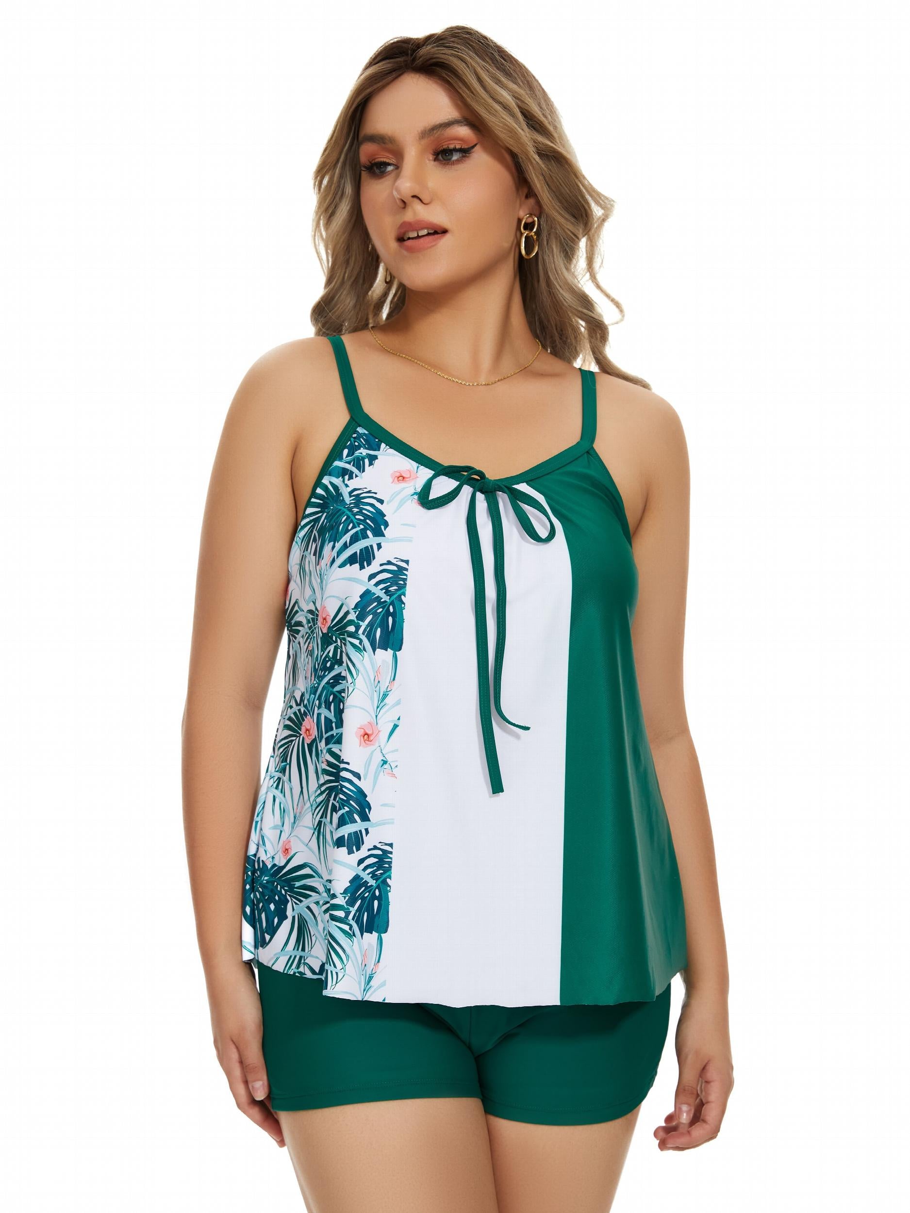  Colorblock Tropical Print V Neck Tankini Set