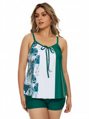  Colorblock Tropical Print V Neck Tankini Set