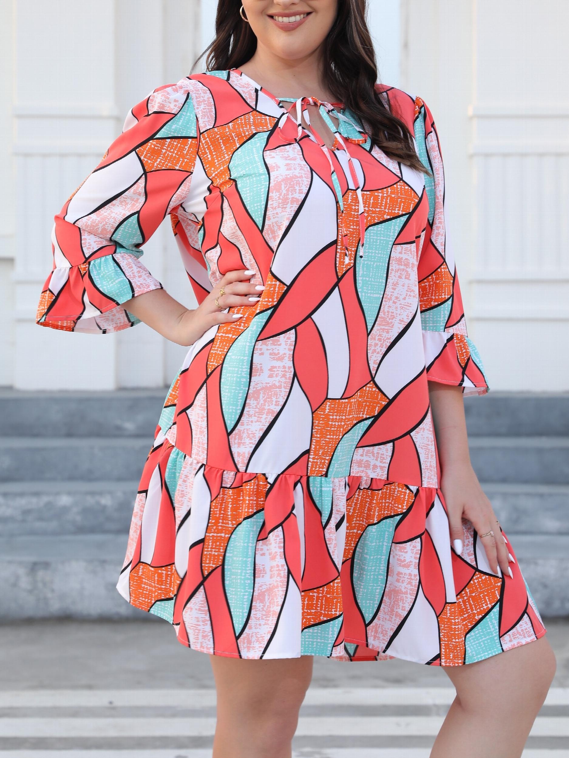  Geometric Print Bell Sleeve Tie Front Dress