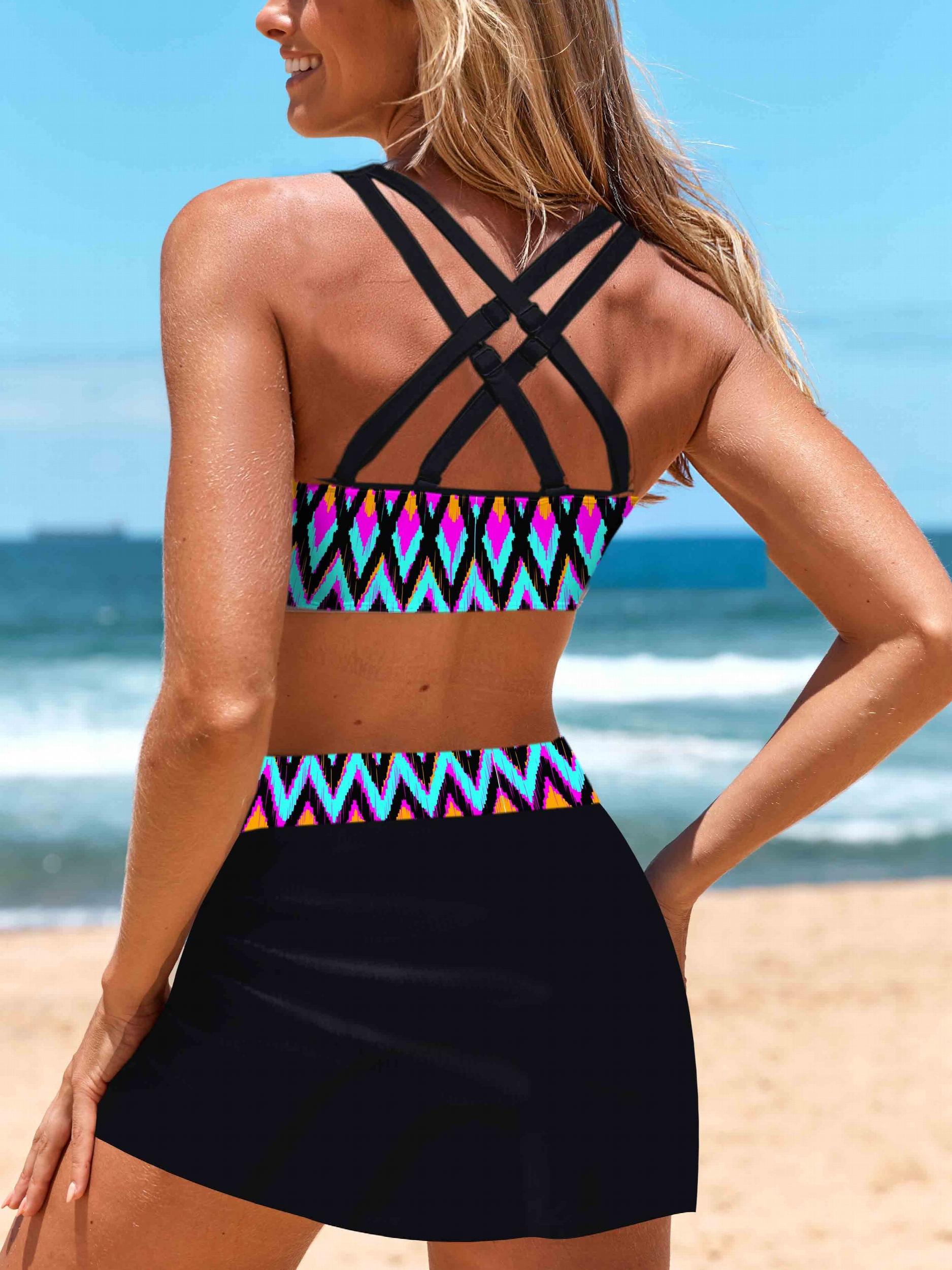 Geo Print Bikini Set with Lace Up Split Skirt