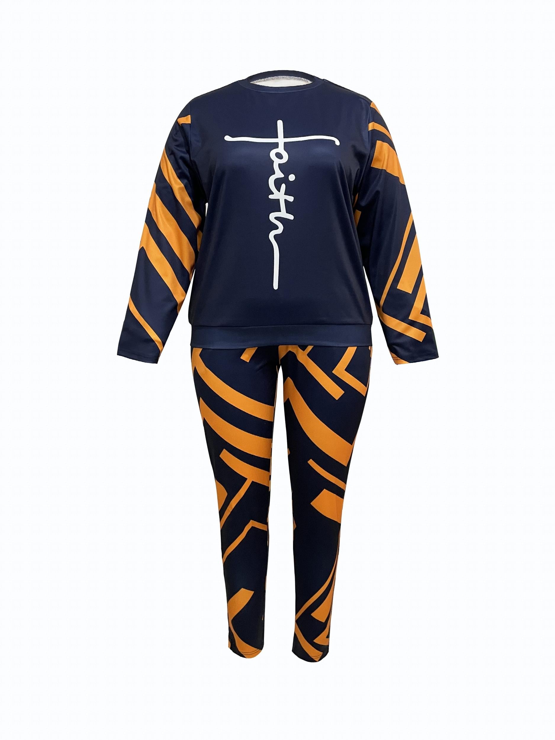  Colorblock Geometric Print Top & Skinny Pants Two Piece Set