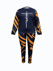  Colorblock Geometric Print Top & Skinny Pants Two Piece Set