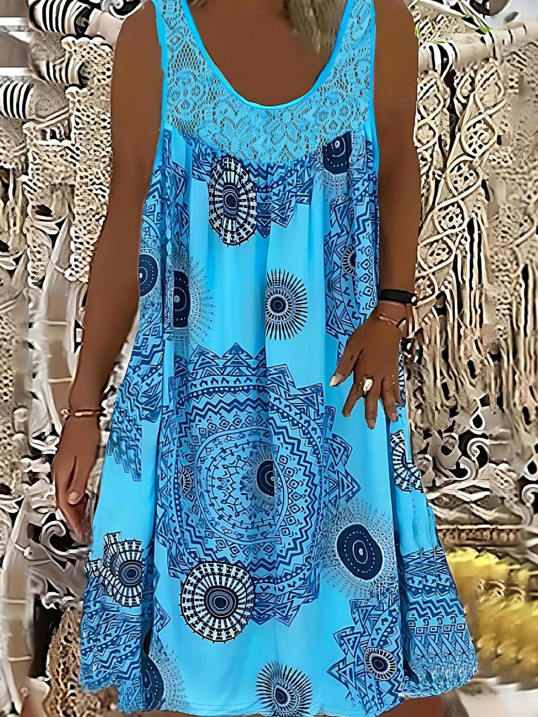  Tile Print Eyelet Embroidered Tank Dress