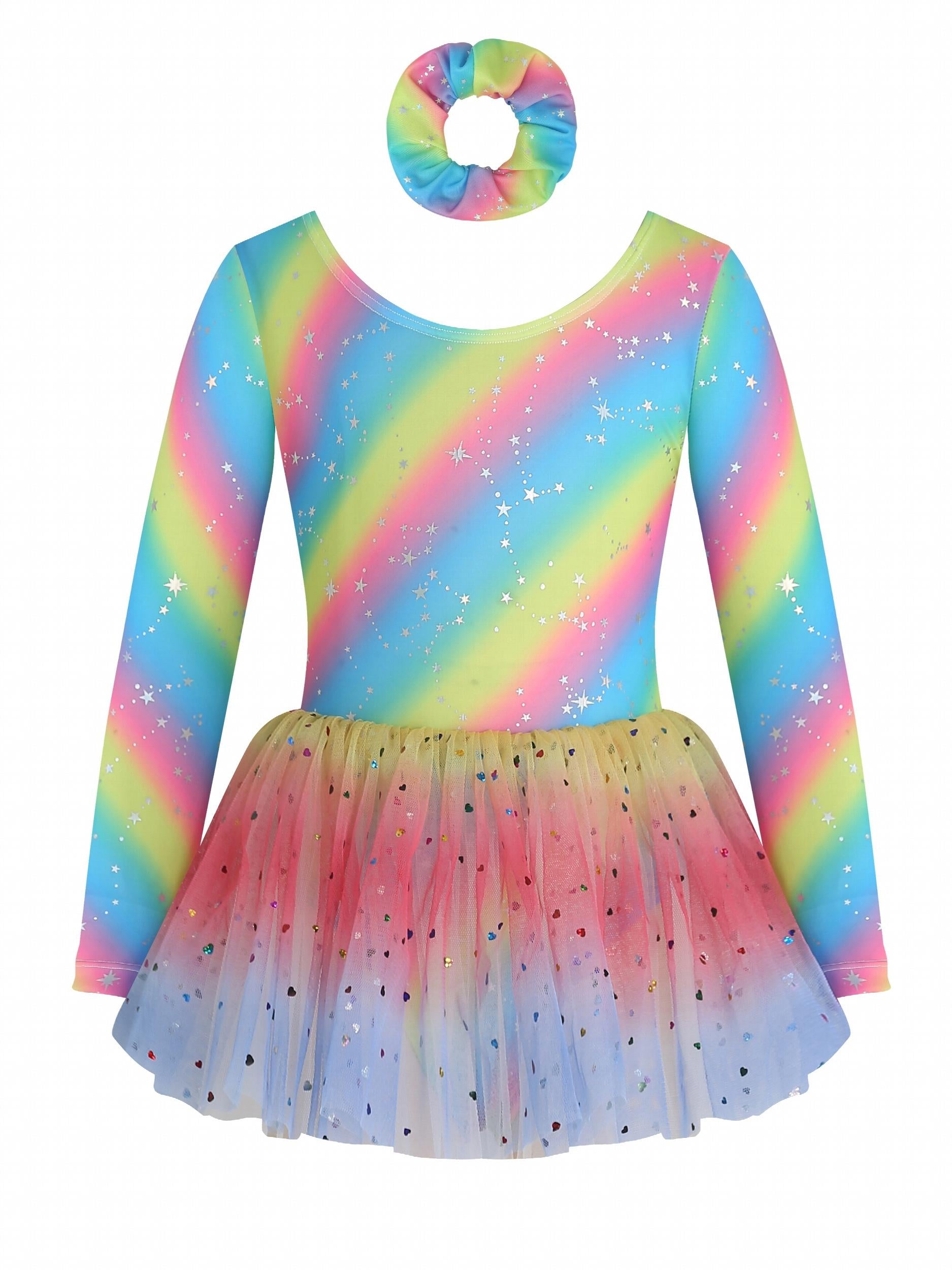 Girls Long Sleeve Back Bow Stars Sequins Tulle Tutu Patchwork Dress