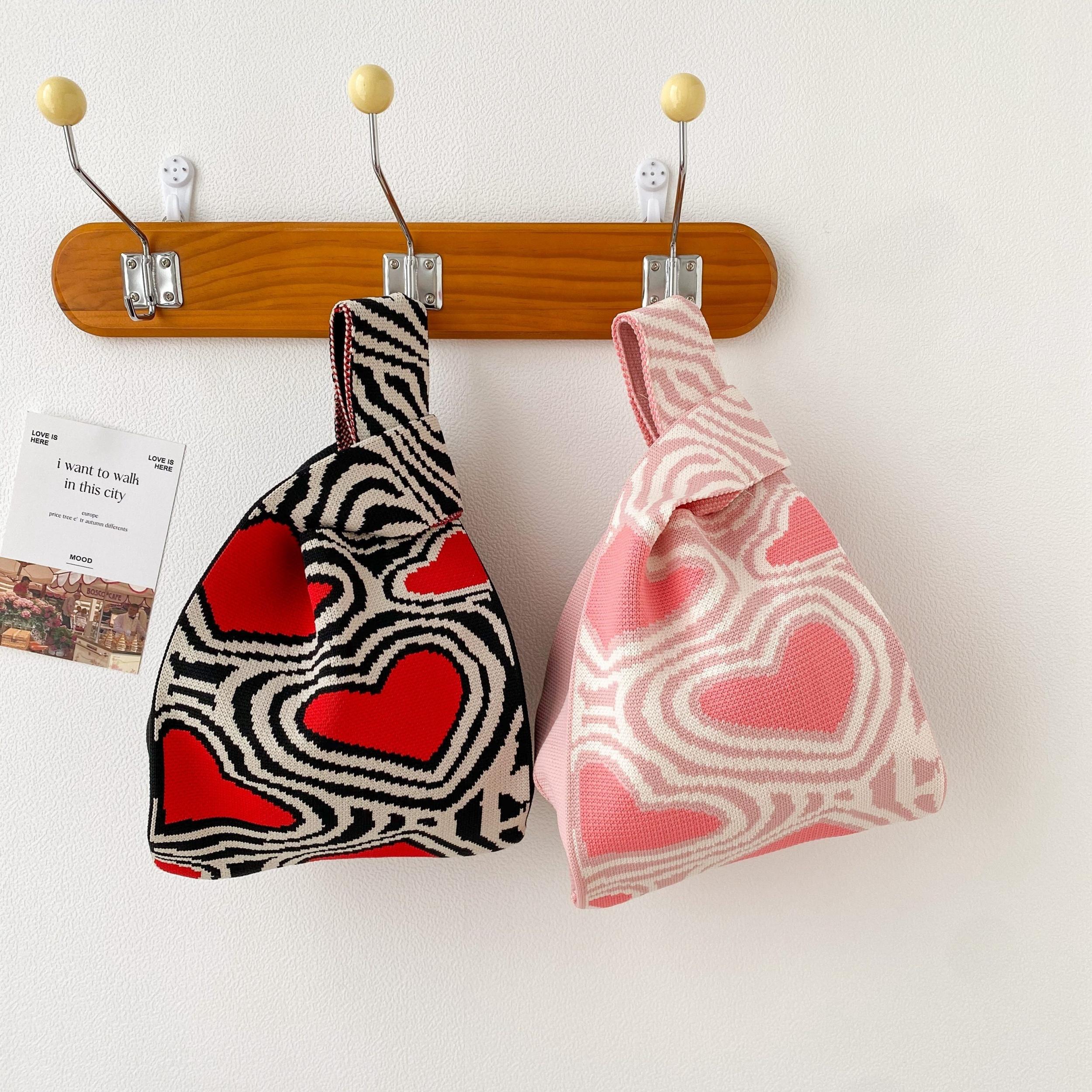 Heart Pattern Crochet Bag Colorblock Handbag for Women