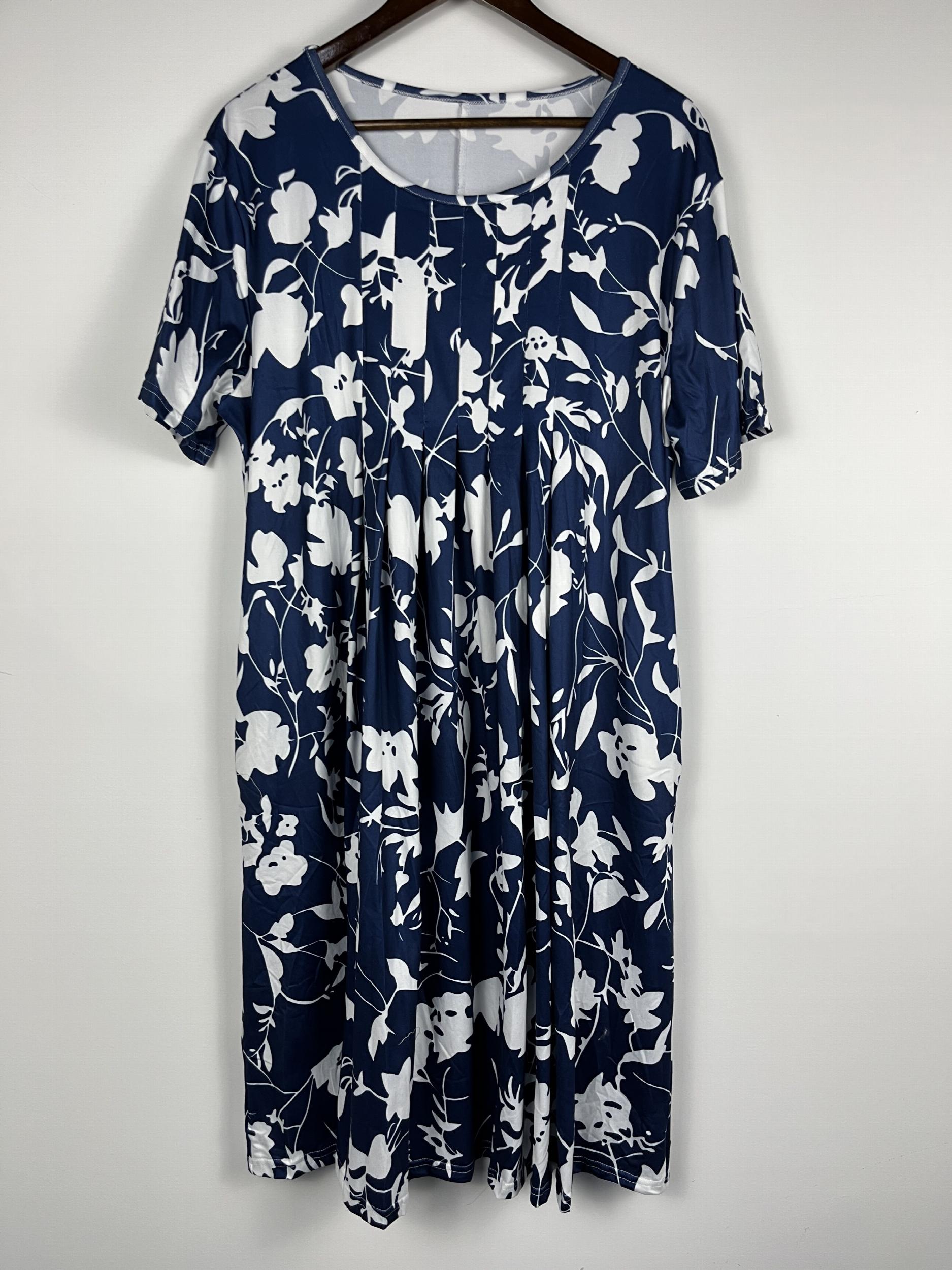  Floral Print Pleated Short Sleeve Midi Dress with Pockets