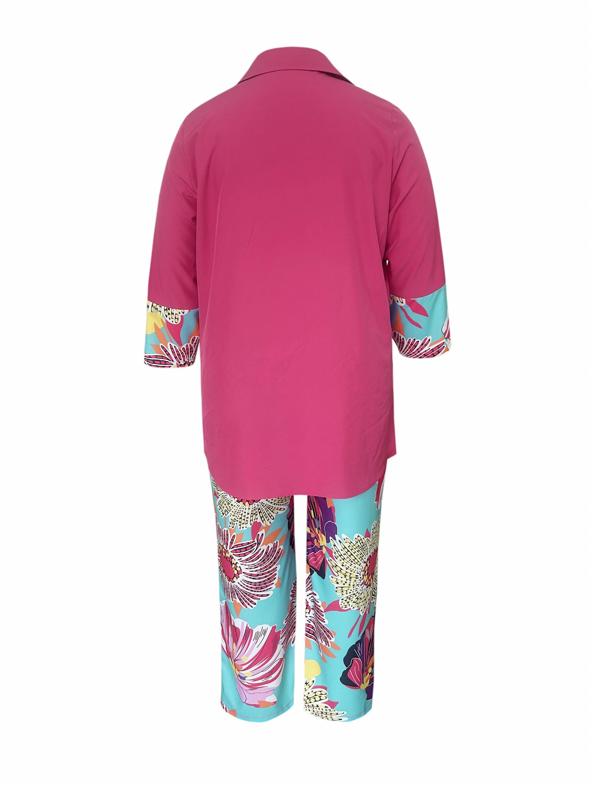  Colorblock Floral Print Blouse & Pants Set